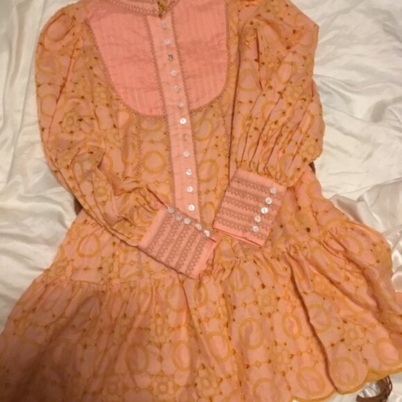 Vintage Orange Eyelet Button Down Cottage core Lace Details long Sleeve Dress S - Picture 9 of 15
